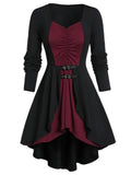 ROSE GAL Womens Plus Size Gothic Lace-up Back Two Tone Ruched Grommets Buckle Long Sleeve High Low Hem Tunic T-Shirt(Red_1/1X)