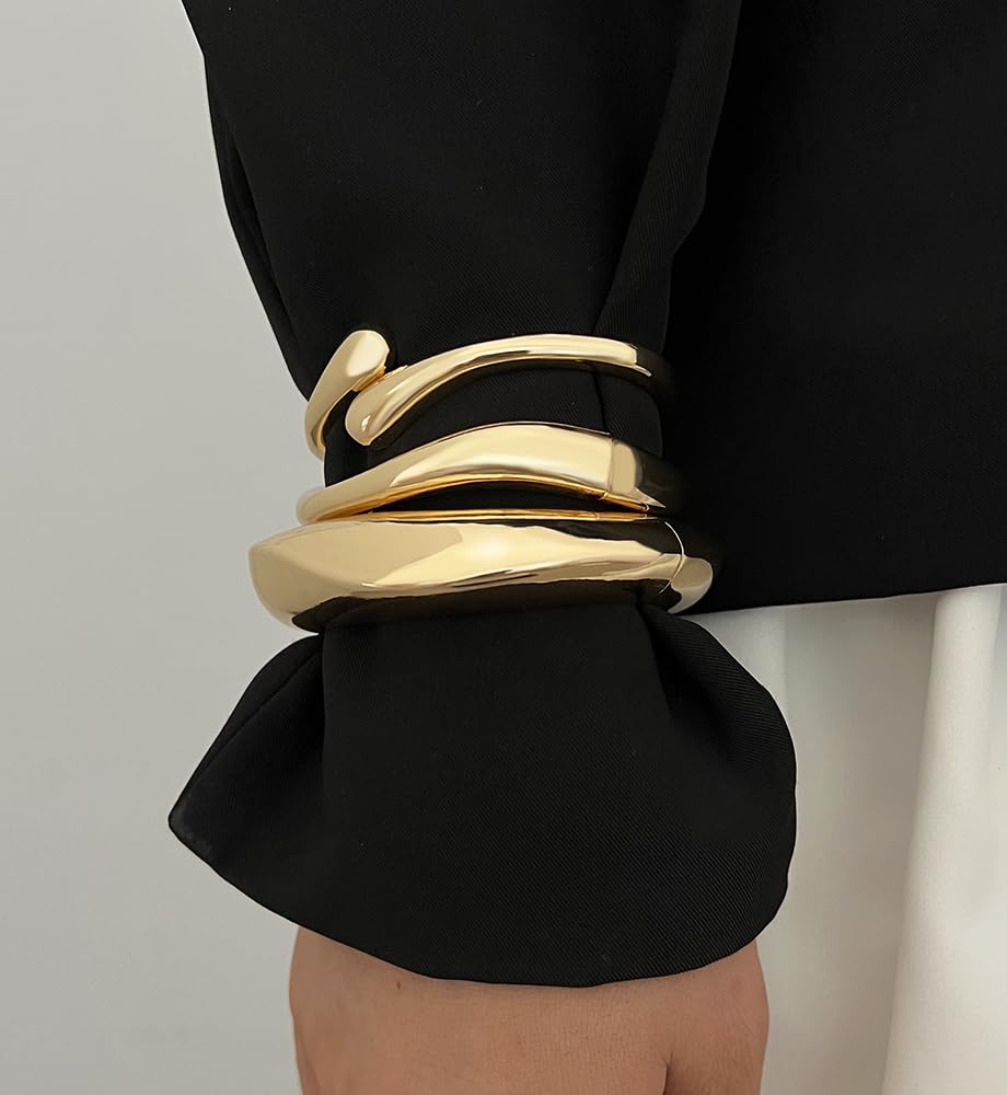 Chunky Gold Bangle Bracelets for Women, Dainty 14k Gold Plated Big Stackable Bangles Set, Trendy Cuff Bracelet Stack Fashion Jewelry Valentines Gifts for Wife Mom