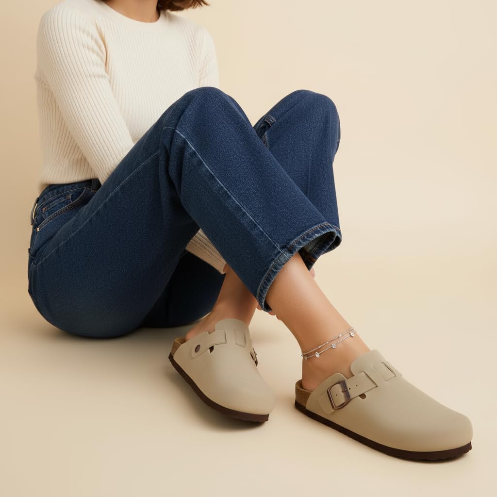 CUSHIONAIRE Hana Womens Clogs | Comfortable Vegan Suede Clogs for Women | Slip On Potato Shoes with Cork Footbed & Arch Support, Stone 7W