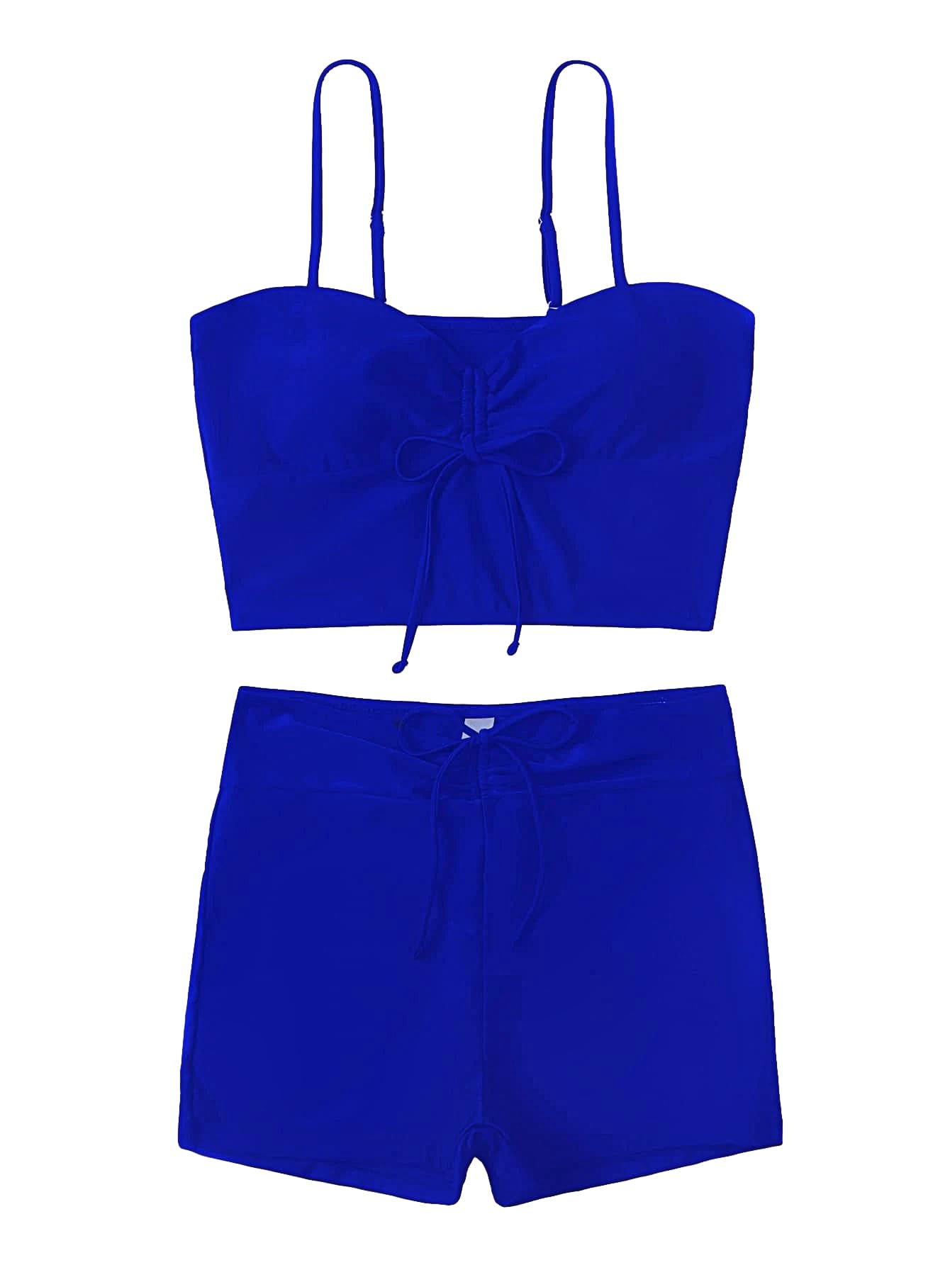 Lilosy Petite High Waisted Tummy Control Drawstring Bikini Set String Swimsuit Cami Top and Tie Side Shorts 2 Piece Women Bathing Suit Royal Blue X-Small