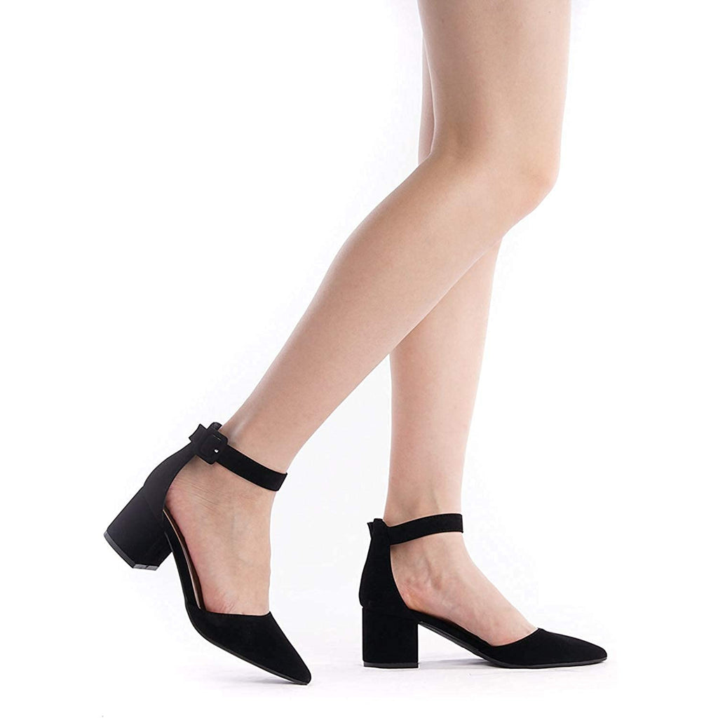 DREAM PAIRS ANNEE Pointed Toe Low Chunky Heels Pump Shoes,Size 7.5,Black/Nubuck,ANNEE