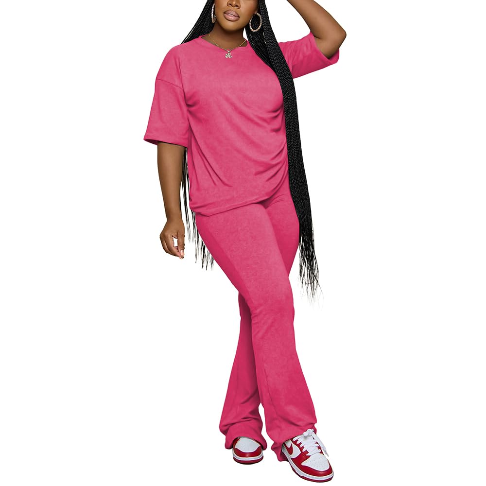PINSV Womens Sets 2 Piece Outfits Casual Short Sleeve Top and Flare Pants Lounge Sets Tracksuit Rose Red M