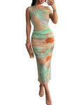 CHICME Women One Shoulder Midi Dress Ruched Summer Mesh Bodycon Dress Tie-dye Print Cocktail Dresses Wedding Guest Vacation-mu-M Multicolor