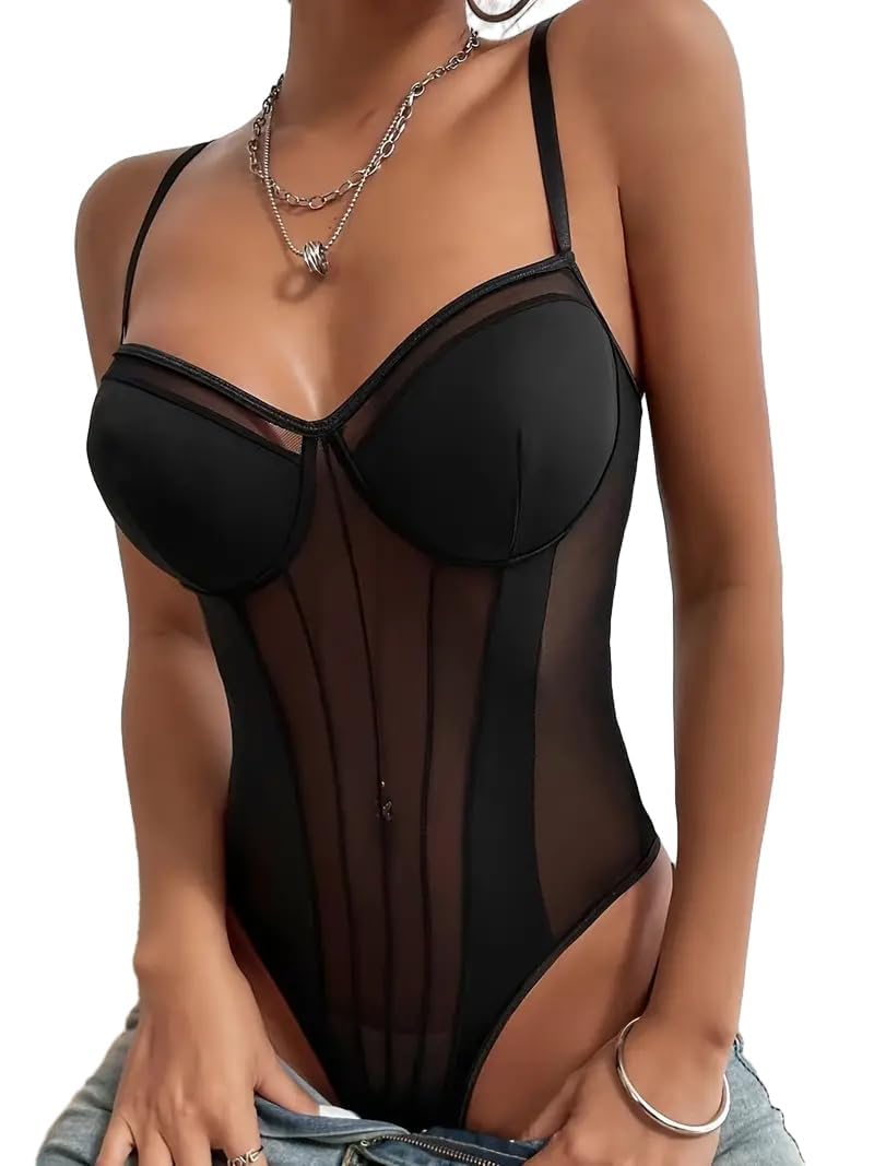 Lilosy Petite Sexy Strappy Wireless Mesh Sheer Babydoll Lingerie Women Teddy Bodysuit Corset Bustier Nightgown Nightshirt See Through One Piece Black 2X-Small