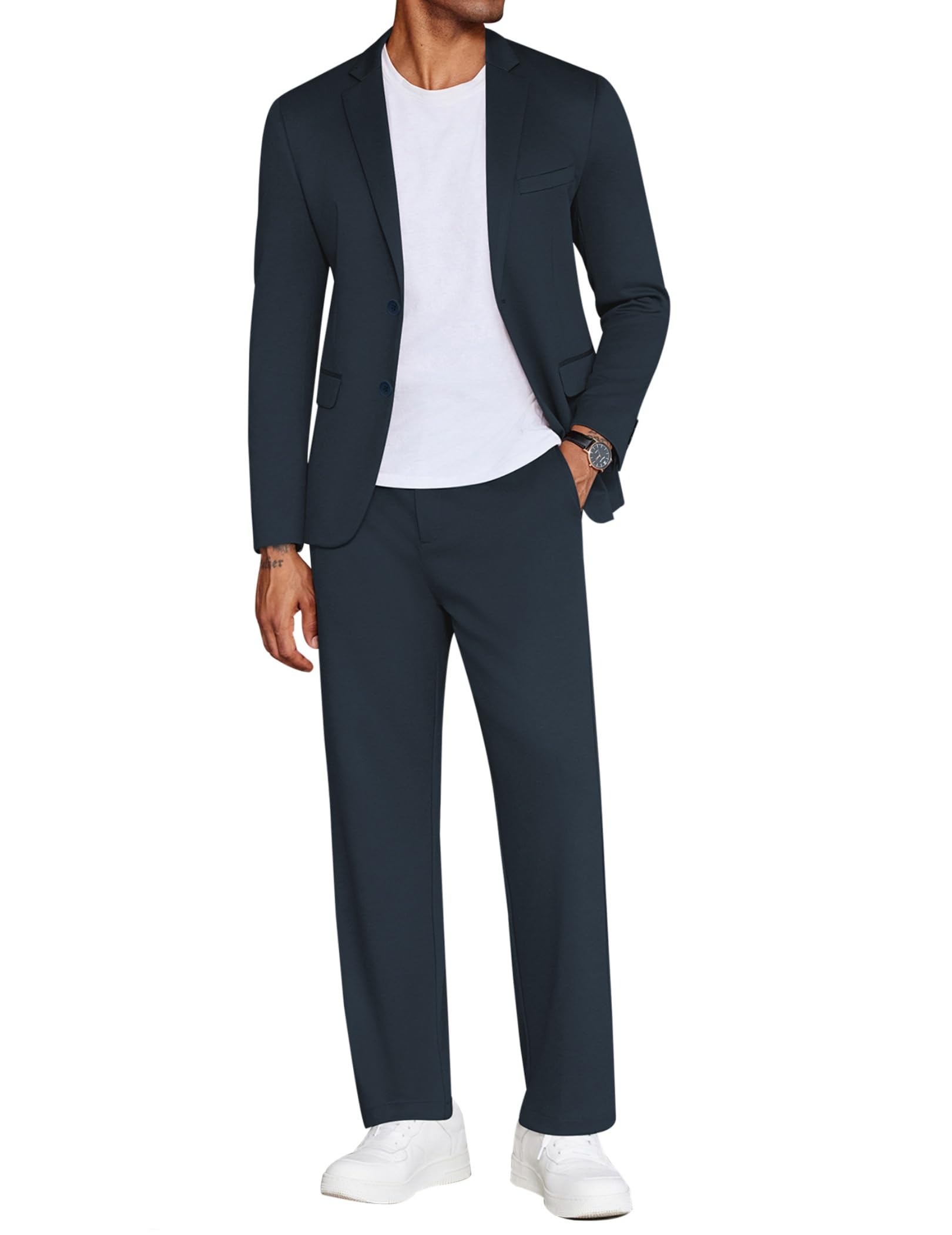 COOFANDY Men's Suits 2 Piece Slim Fit Suit Set 2 Button Lightweight Casual Knit Blazer Suit Jacket Pants Navy Blue