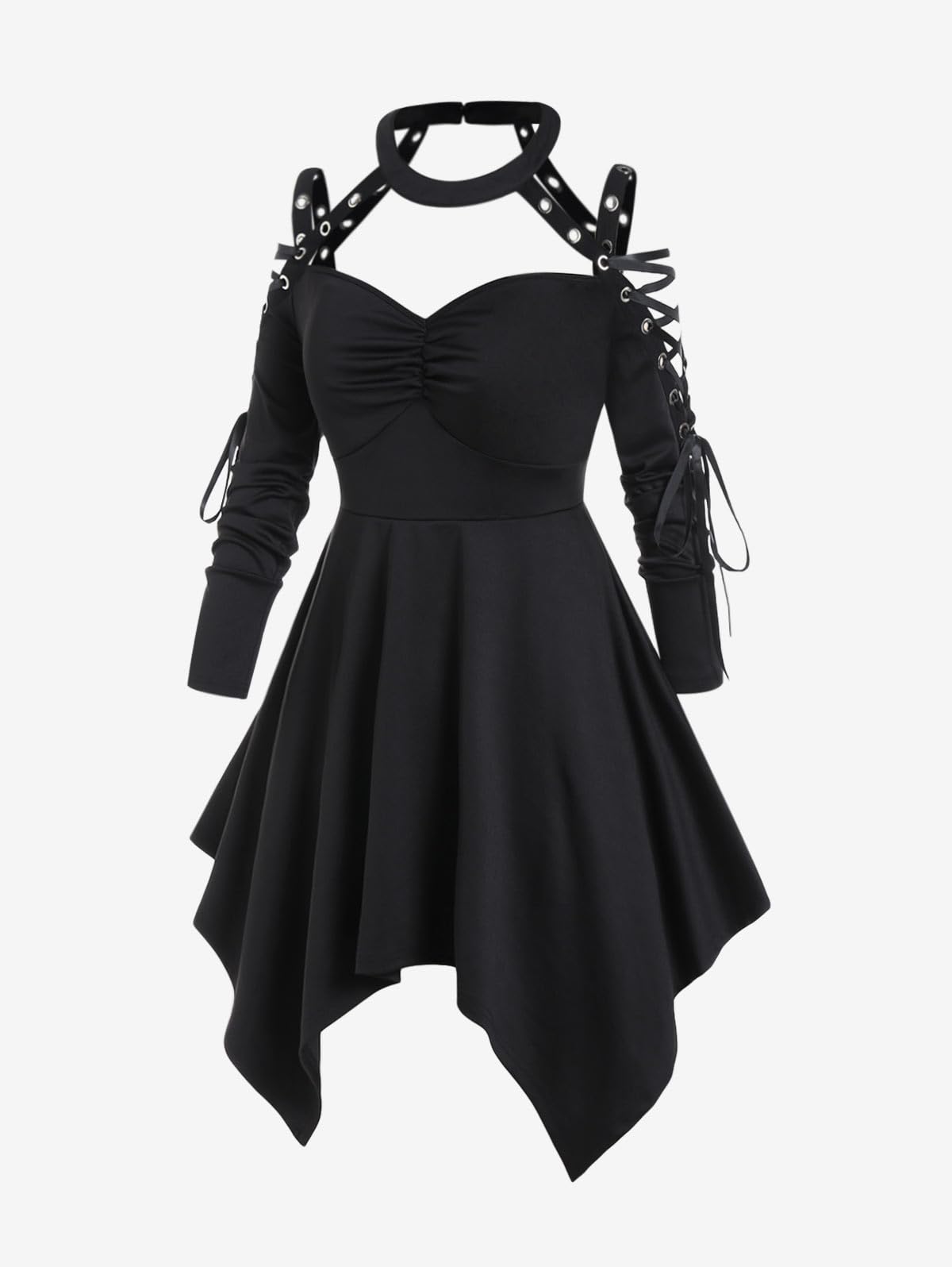 ROSE GAL Womens Plus Size Gothic Choker Lace-up Grommets Cutout Handkerchief Hem Cold Shoulder Long Sleeve Tunic Top(Black_3/4X)