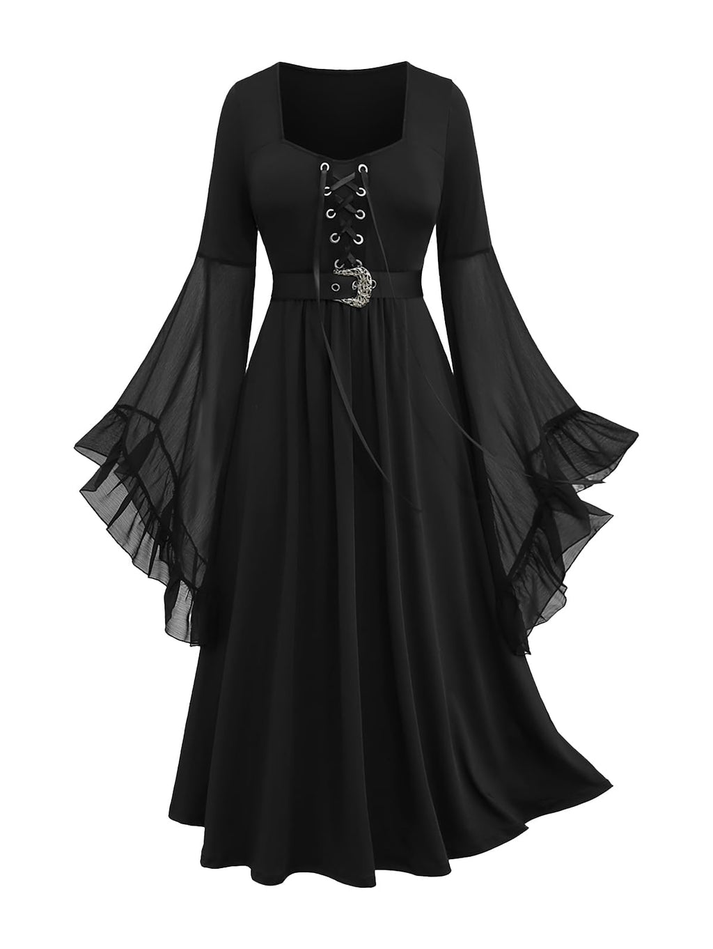 ROSE GAL Rosegal Plus Size Renaissance Costumes Dress for Women Medieval Bell Sleeves Lace-up Midi Dress Halloween Costumes Dress Witch Cosplay Flowy(Black_1/1X)