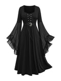 ROSE GAL Rosegal Plus Size Renaissance Costumes Dress for Women Medieval Bell Sleeves Lace-up Midi Dress Halloween Costumes Dress Witch Cosplay Flowy(Black_1/1X)