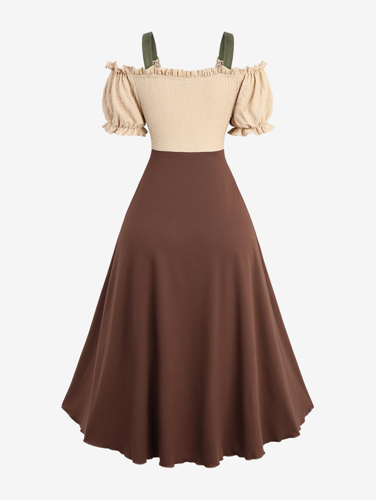 ROSE GAL Plus Size Steampunk Renaissance Costume Dress for Women Cold Shoulder Color Block Lace-up Cinched Ruched Medieval Retro Midi High Low Ren Faire Dress(Coffee/1X)