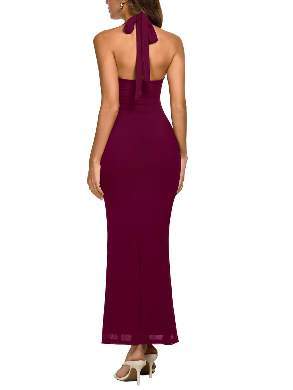 REORIA Summer Mesh Sheer Sleeveless Wedding Guest Maxi Dresses for Women Ruched Bodycon Square Neck Halter Tie Back Long Dress Cordovan Medium