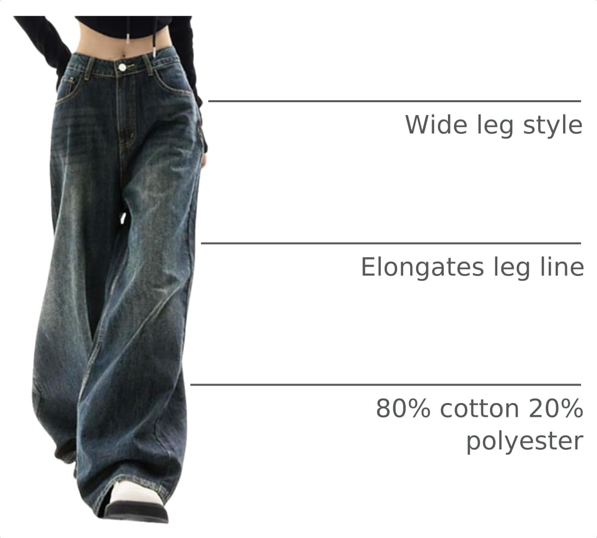 EMMIOL Jeans for Women Wide Leg Baggy Jeans Y2K Casual Loose Boyfriends Trousers Vintage Streetwear Black,S