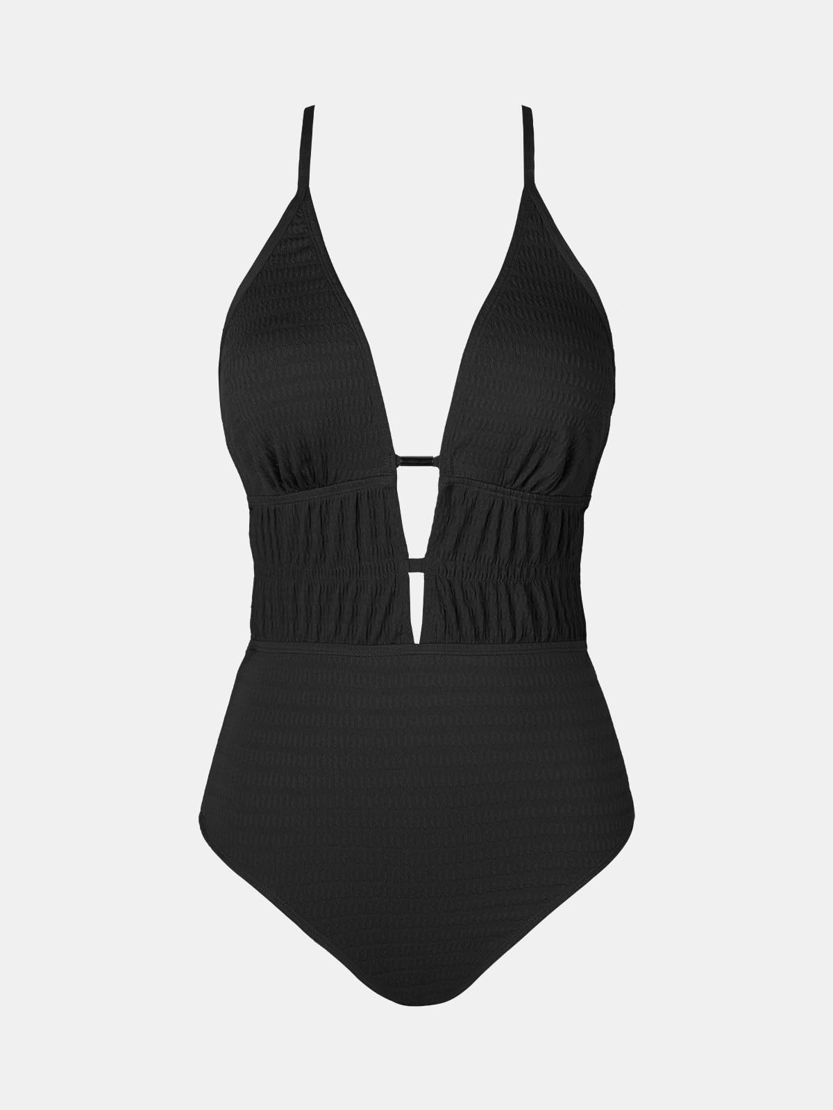 CUPSHE Women's One Piece Swimsuit Plunging Neck Cutouts Bathing Suit Textured Ruched Crisscross Back Self Tie Swimwear, M Black