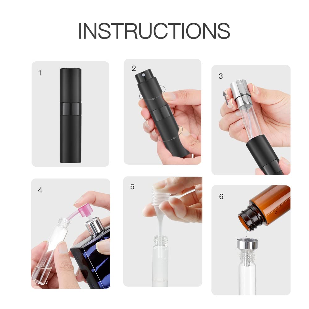 LISAPACK 8ML Atomizer Perfume Spray Bottle for Travel (3 PCS) Empty Cologne Dispenser, Portable Sprayer Travel Essentials for Men and Women (Black)