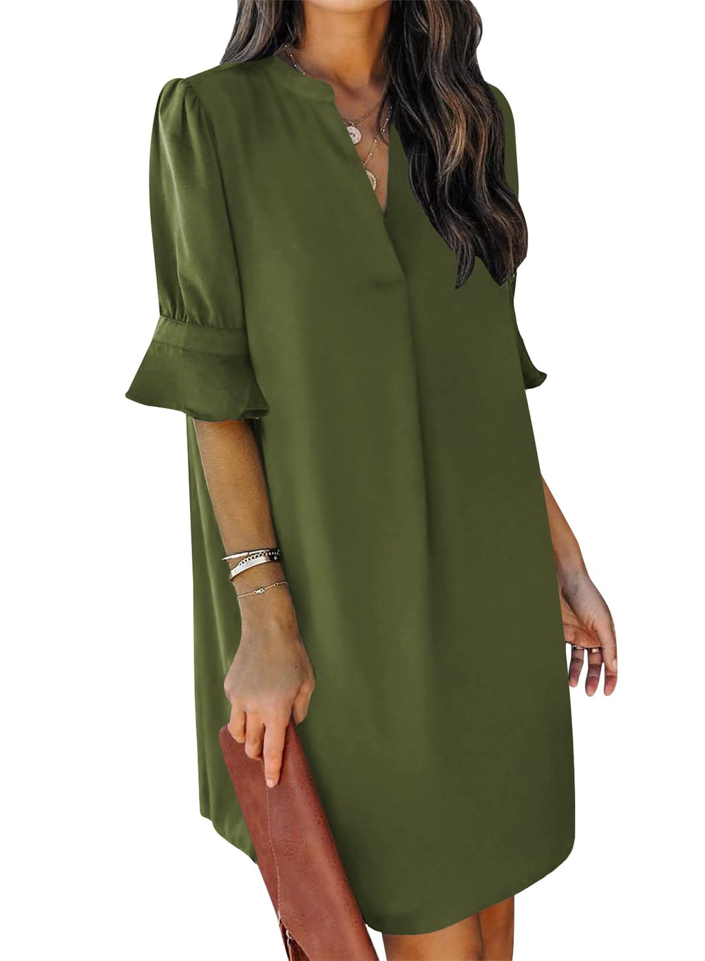 QACOHU Dresses for Women 2025 V-Neck Short Sleeve Summer Mini Casual Shift Tunic Dress Green L