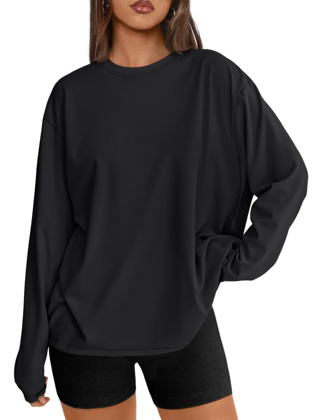 Trendy Queen Womens Spring Tops Oversized Long Sleeve T Shirts 2026 Basic Tee Fall Casual Workout Y2K Clothes Black M