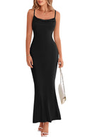 PRETTYGARDEN Solid Color Spaghetti Strap Summer Dresses for Women 2026 Trendy Stretch Bodycon Maxi Wedding Guest Dress (Black, Medium)