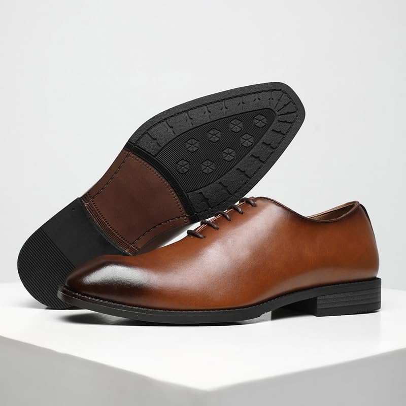 Ahico Men's Lace-Up Leather Shoes Classic Dress Shoes Oxford Shoes Formal Business Breathable and Comfortable, Casual and Work, Brown