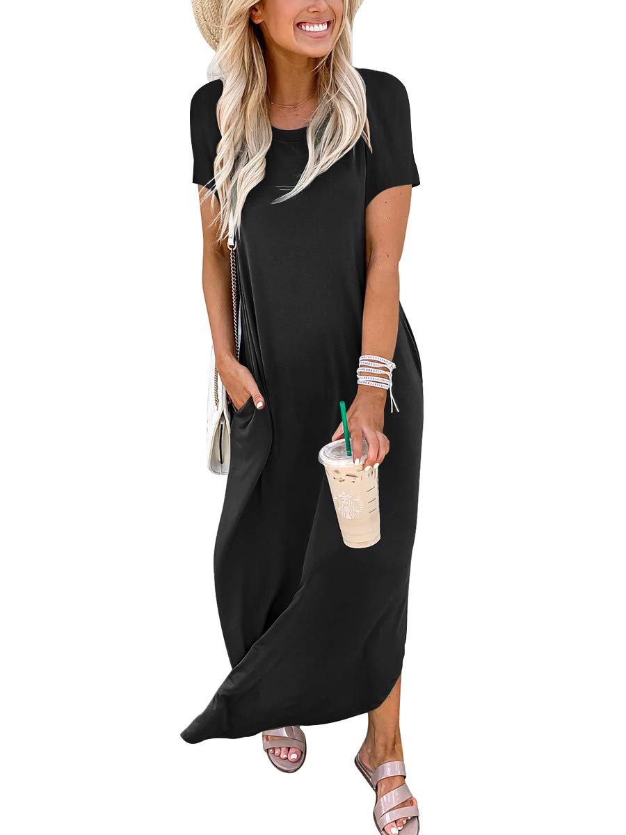 ANRABESS Womens Summer Maxi Dress Short Sleeve Casual Loose Long T Shirt Dresses Split Vacation Beach Sundress Travel Outfits Black X-Large