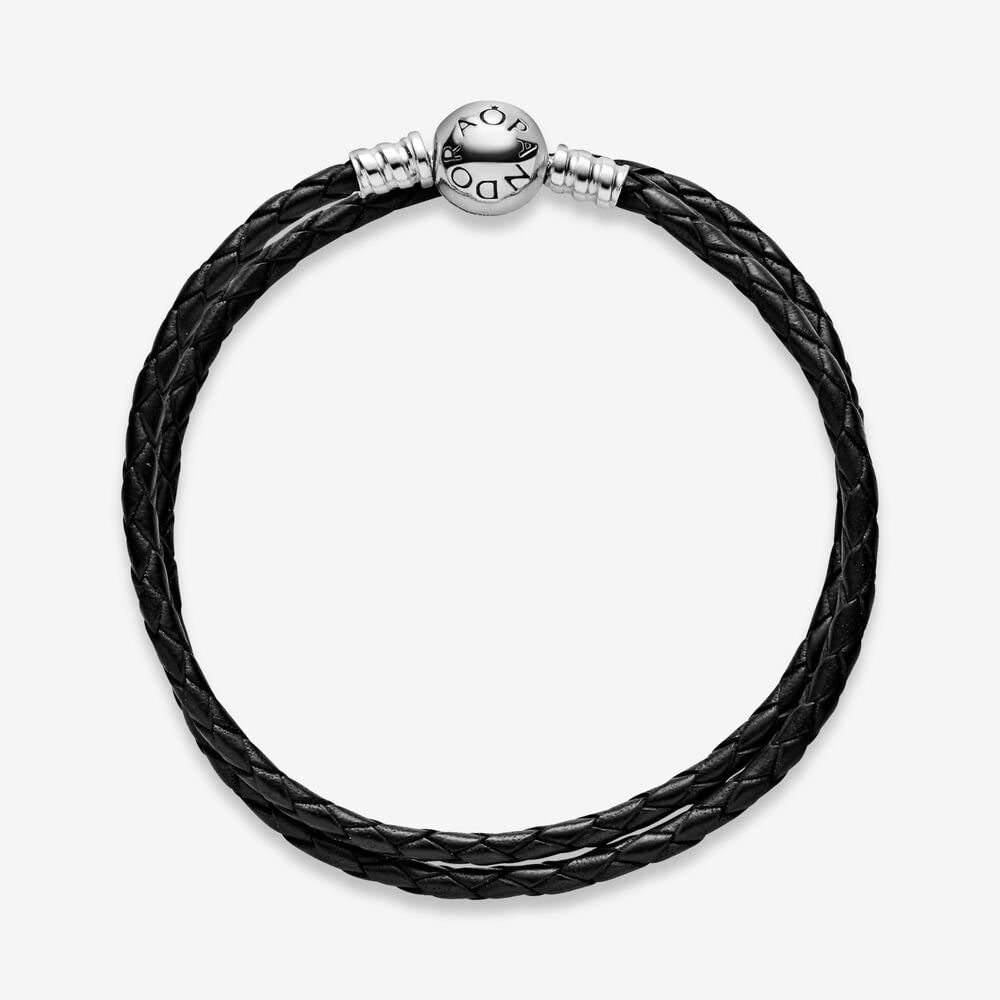 PANDORA Moments Double Woven Leather Bracelet with Sterling Silver Clasp - Compatible Moments Charms - Charm Bracelet for Women - Gift for Her - Black, 15.0"