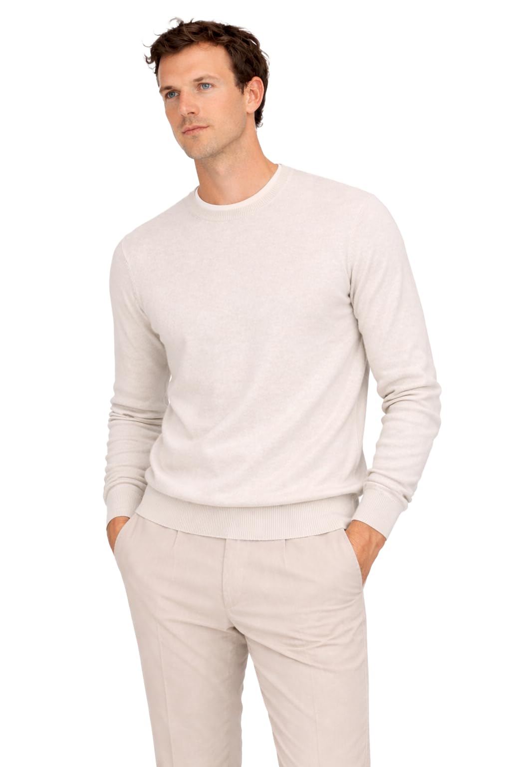 State Cashmere Essential Crewneck Sweater - Long Sleeve Pullover for Men Made with 100% Pure Cashmere Sourced from Inner Mongolia Goats - Soft, Lightweight & Versatile - (Undyed White, Large)