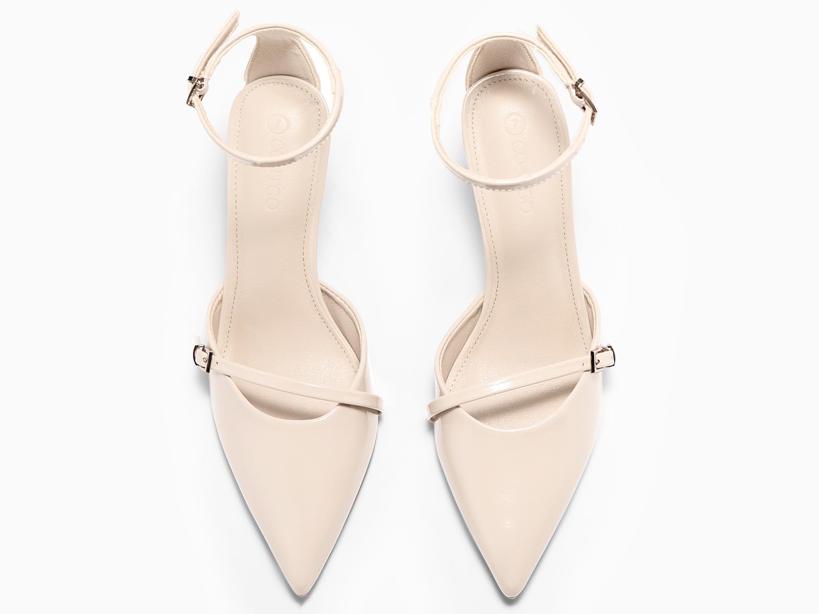 Coutgo Womens High Heels Closed Pointed Toe Ankle Buckle Strap Sexy Pumps Wedding Party Dress Shoes, Beige, Size 6