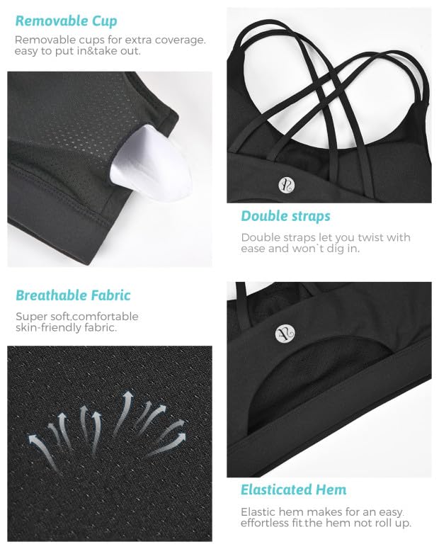 RUNNING GIRL Sports Bras for Women,Strappy Back Workout Bras Padded Supportive Black Sports Bra Plue Size(WX2354 Black,M)