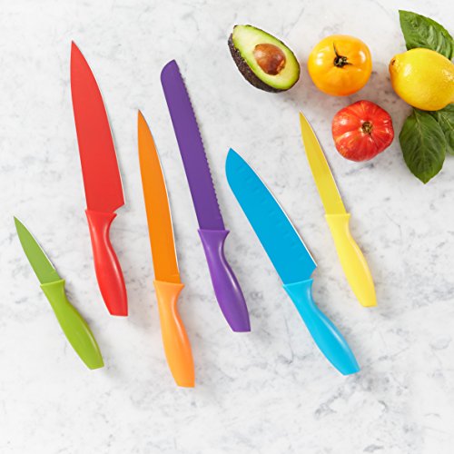Amazon Basics Color-Coded Dishwasher Safe Kitchen Knife Set, 12-Piece with Ergonomic Handles, Non-stick Sharp Blades, 6 Knives with 6 Blade Guards, Multicolor, 13.88 x 4.13 x 1.38 inch