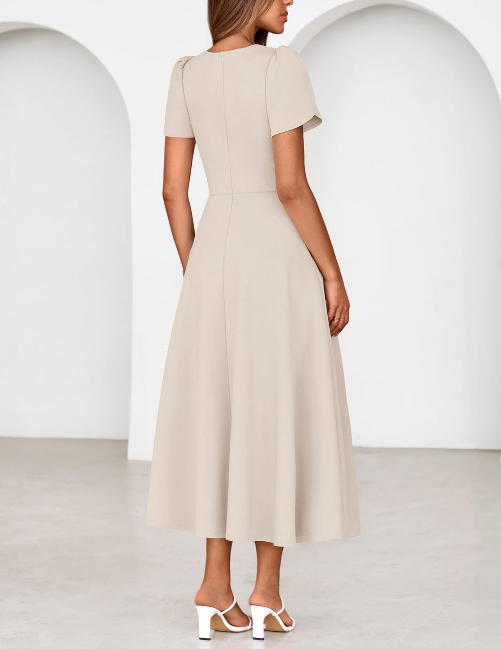 MEROKEETY Women's 2026 Summer Midi Dresses Short Sleeve Crewneck A Line Pleated Wedding Guest Flowy Long Dress with Pockets, Apricot, Large