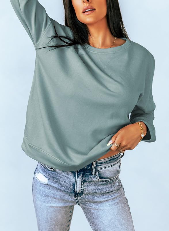 Dokotoo Womens Casual Long Sleeve Crewneck Sweatshirt Loose Fit Solid Basic Comfy Pullover Tunic Shirts Tops Blouse Side Split Fall 2026 Fashion Blue Small