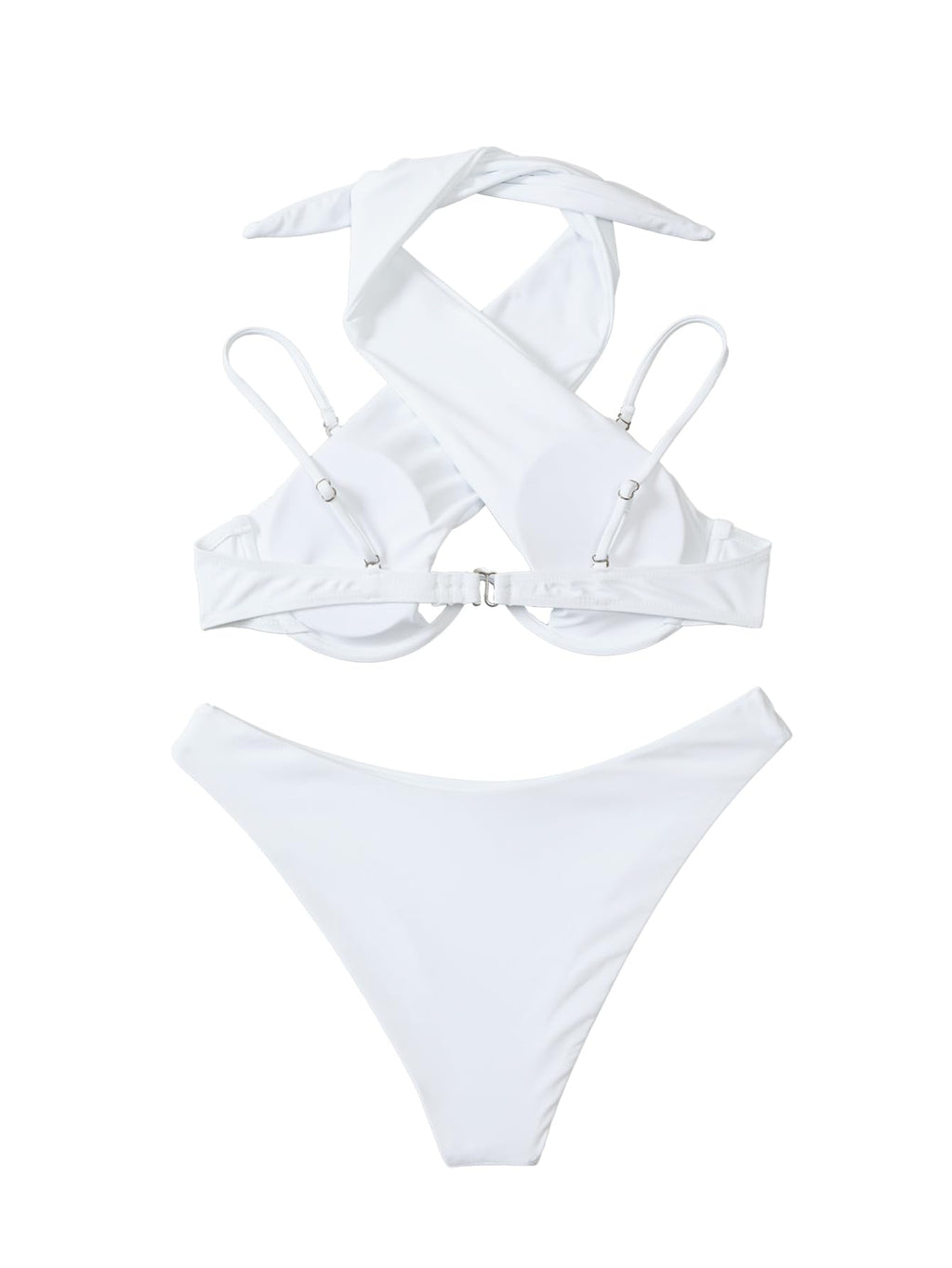Lilosy Sexy Cute Underwire Push Up Cutout Halter Criss Cross High Cut Leg Thong Brazilian Bikini Swimsuit Set Women Cheeky Bottom Bathing Suit 2 Two Piece White Medium