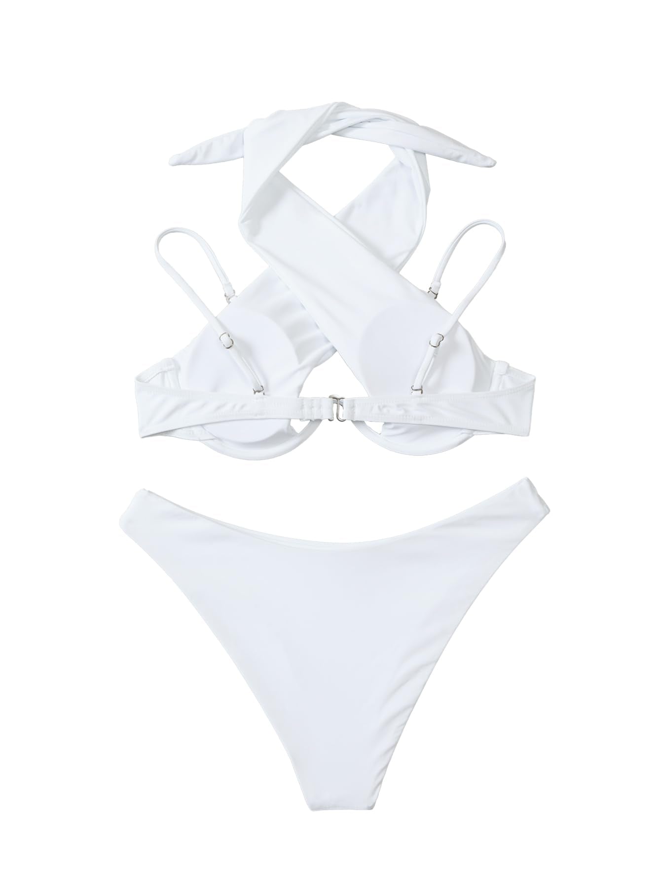 Lilosy Sexy Cute Underwire Push Up Cutout Halter Criss Cross High Cut Leg Thong Brazilian Bikini Swimsuit Set Women Cheeky Bottom Bathing Suit 2 Two Piece White Medium