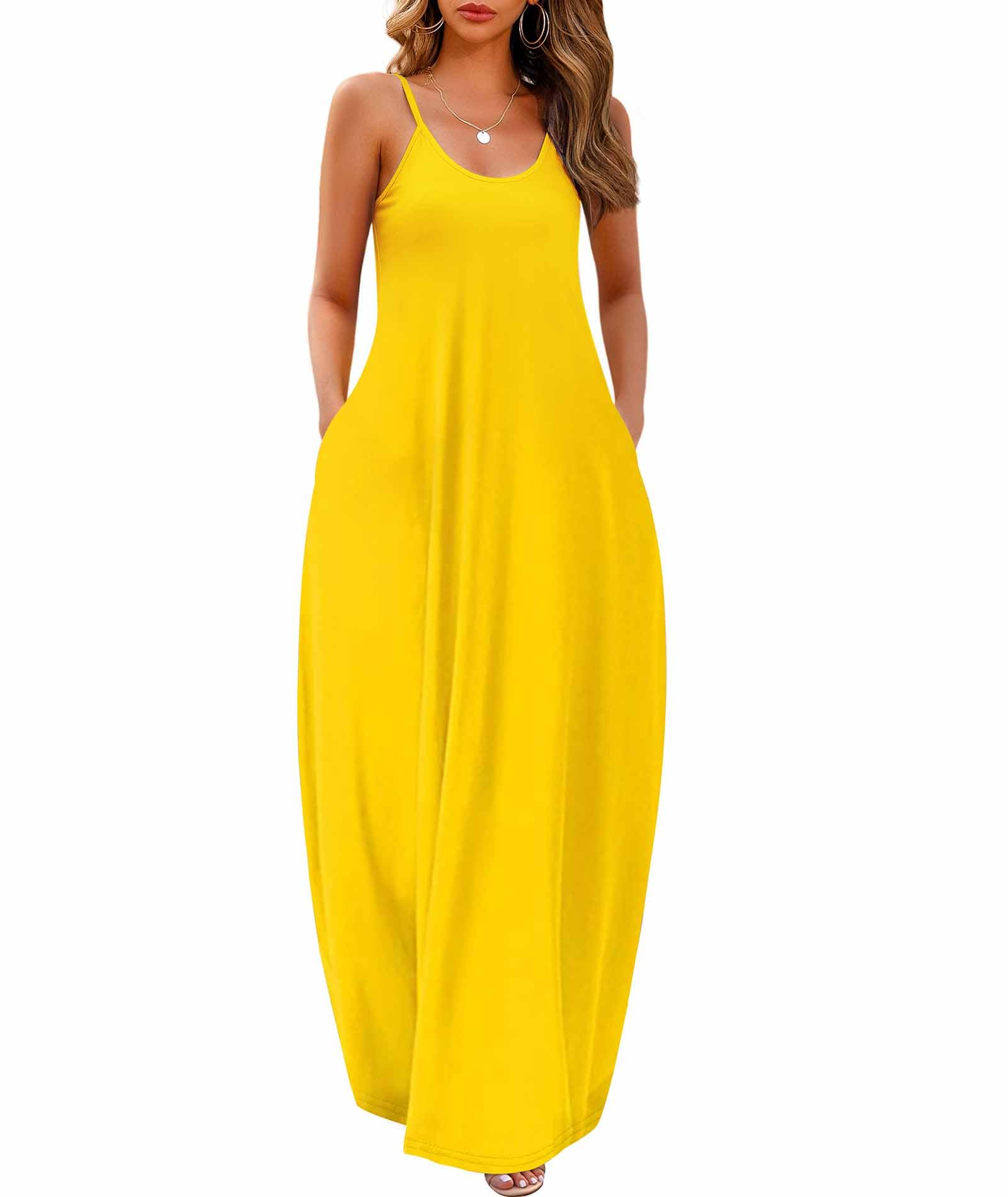 Wolddress Sleeveless Sundress Flowy Party Maxi Dress Adjustable Spaghetti Straps Dress for Daily Wear Work Coffee Shopping, Fall Outings Maternity Gender Reveal Soft Lightweight Yellow Large