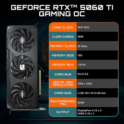 GIGABYTE GeForce RTX 5060 Ti Gaming OC 16G Graphics Card, by NVIDIA,16GB 128-bit GDDR7, PCIe 5.0, WINDFORCE Cooling System,DisplayPort & HDMI - Video Output Interface,GV-N506TGAMING OC-16GD Video Card