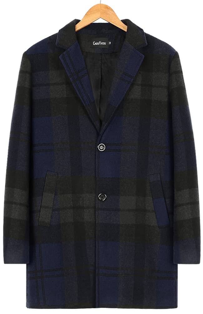 chouyatou Men's Casual Notched Collar Plaid Single Breasted Wool Blend Formal Trench Top Coat (Navy-Plaid, Large)