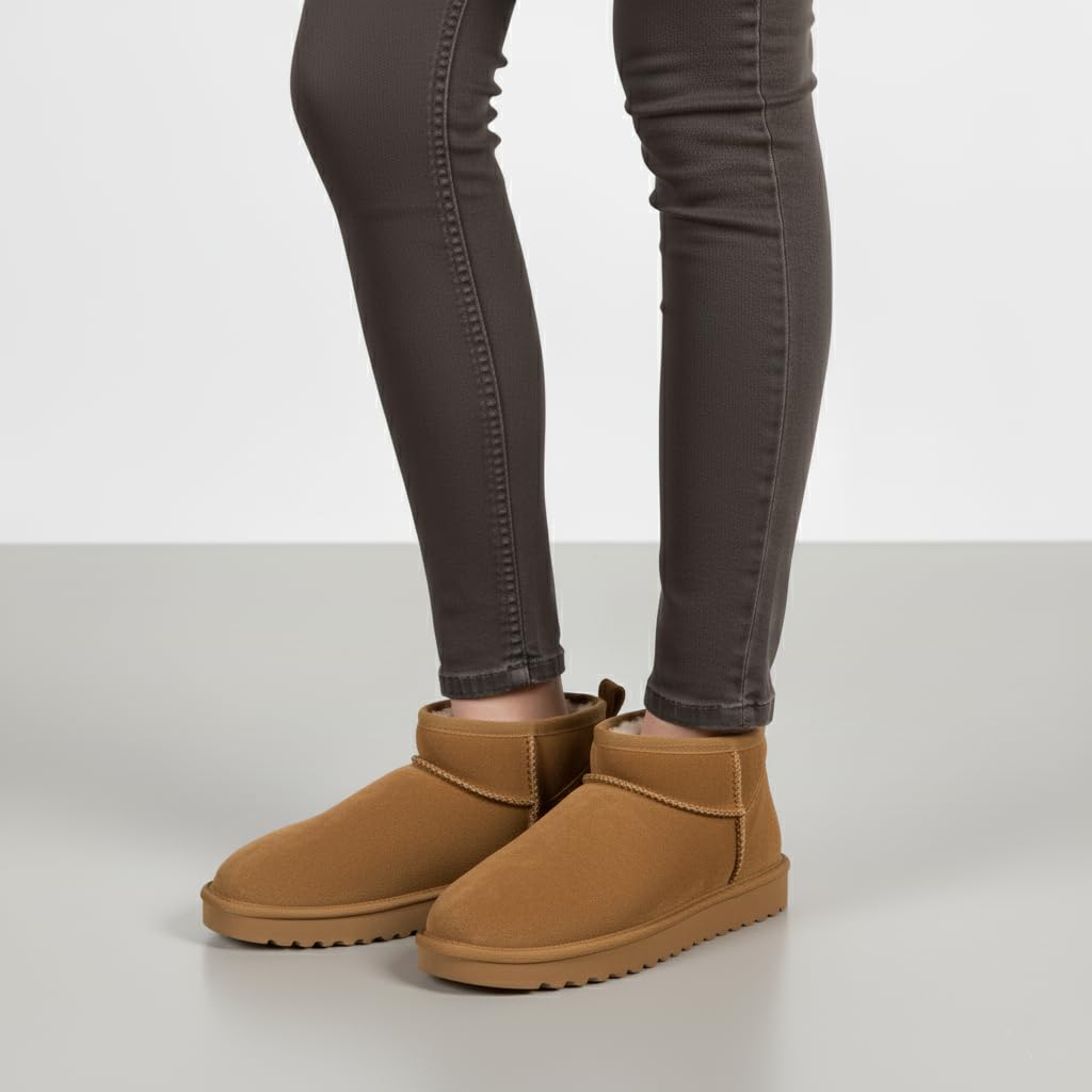 CUSHIONAIRE Hip 2 Genuine Suede Ankle Boots for Women, Cozy Faux Shearling Lining Pull On Winter Womens Boots, CHESTNUT 8.5