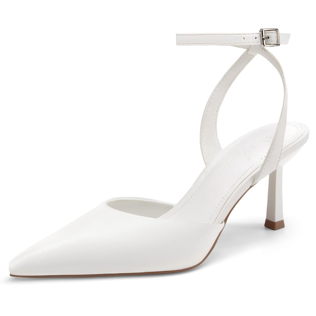 Athlefit Women's Closed Pointed Toe 3 Inch High Heels Ankle Strap Stiletto Heel Wedding Party Dress Pumps Shoes, White Size 9.5,SAPU2602W