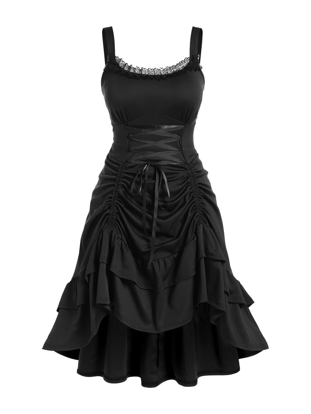 ROSE GAL Women Plus Size Victoria Gothic Renaissance Lace Trim Lace-up Ruffled Cinched Ruched High Low Dress Steampunk Dress(Black_5/1X)