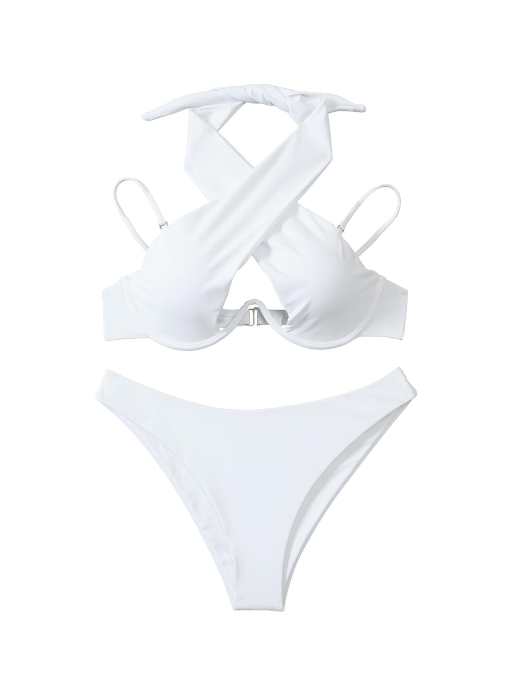 Lilosy Sexy Cute Underwire Push Up Cutout Halter Criss Cross High Cut Leg Thong Brazilian Bikini Swimsuit Set Women Cheeky Bottom Bathing Suit 2 Two Piece White Medium