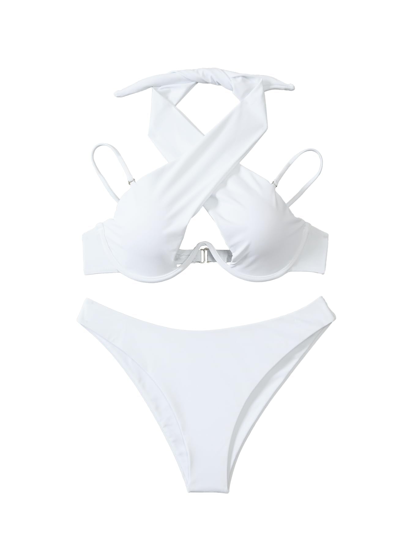Lilosy Sexy Cute Underwire Push Up Cutout Halter Criss Cross High Cut Leg Thong Brazilian Bikini Swimsuit Set Women Cheeky Bottom Bathing Suit 2 Two Piece White Medium