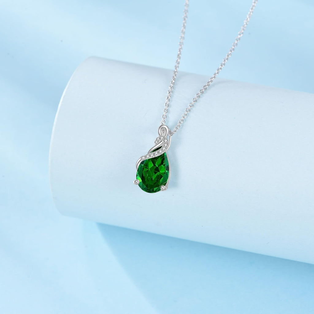 Yafeeso 14K Real White Gold Teardrop Created Emerald Necklace for Women Pear Cut Birthstone Pendant Necklaces Christmas Birthday Jewelry Gifts for Mom Wife Her, Sterling Silver Chain 18" + 2"