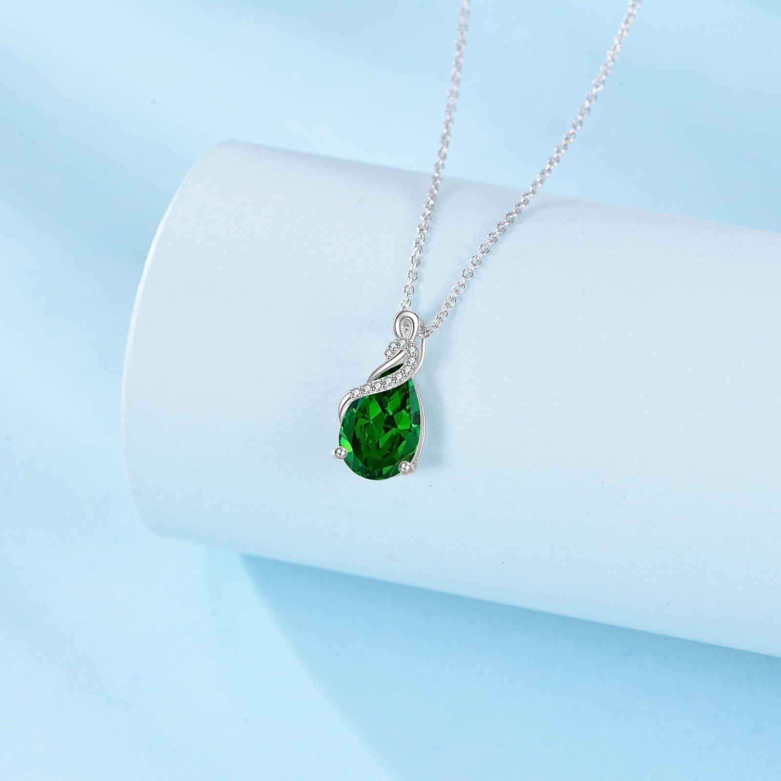 Yafeeso 14K Real White Gold Teardrop Created Emerald Necklace for Women Pear Cut Birthstone Pendant Necklaces Christmas Birthday Jewelry Gifts for Mom Wife Her, Sterling Silver Chain 18" + 2"