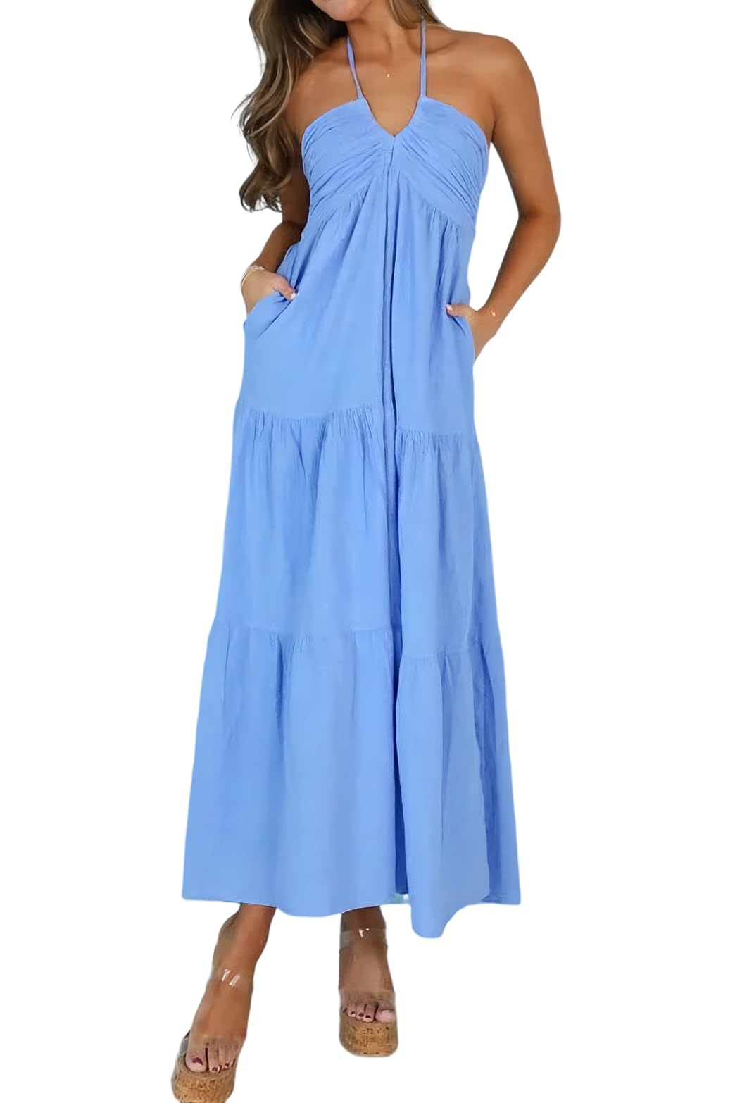 AmySister Women's Casual Summer Halter Tiered Vacation Beach Midi Dress with Pockets Azure XS