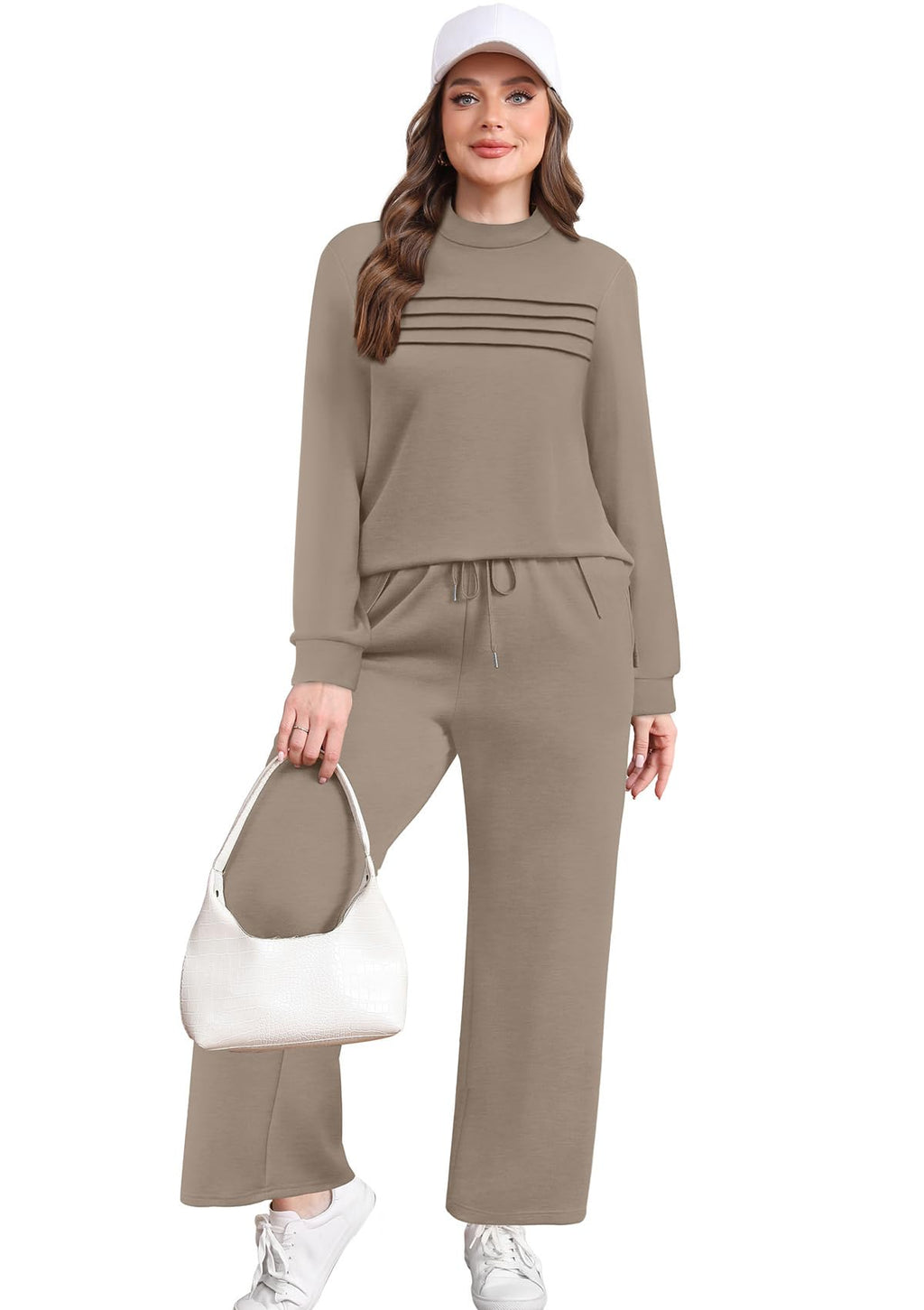 Two Piece Sets for Women Cruise Essentials 2026 Spring Summer Fall Fashion 2025 Travel Outfits Winter Clothes Trendy Lounge Sets Matching Sets Wide Leg Pants Set Mock Neck Airport Sweat Set Brown L