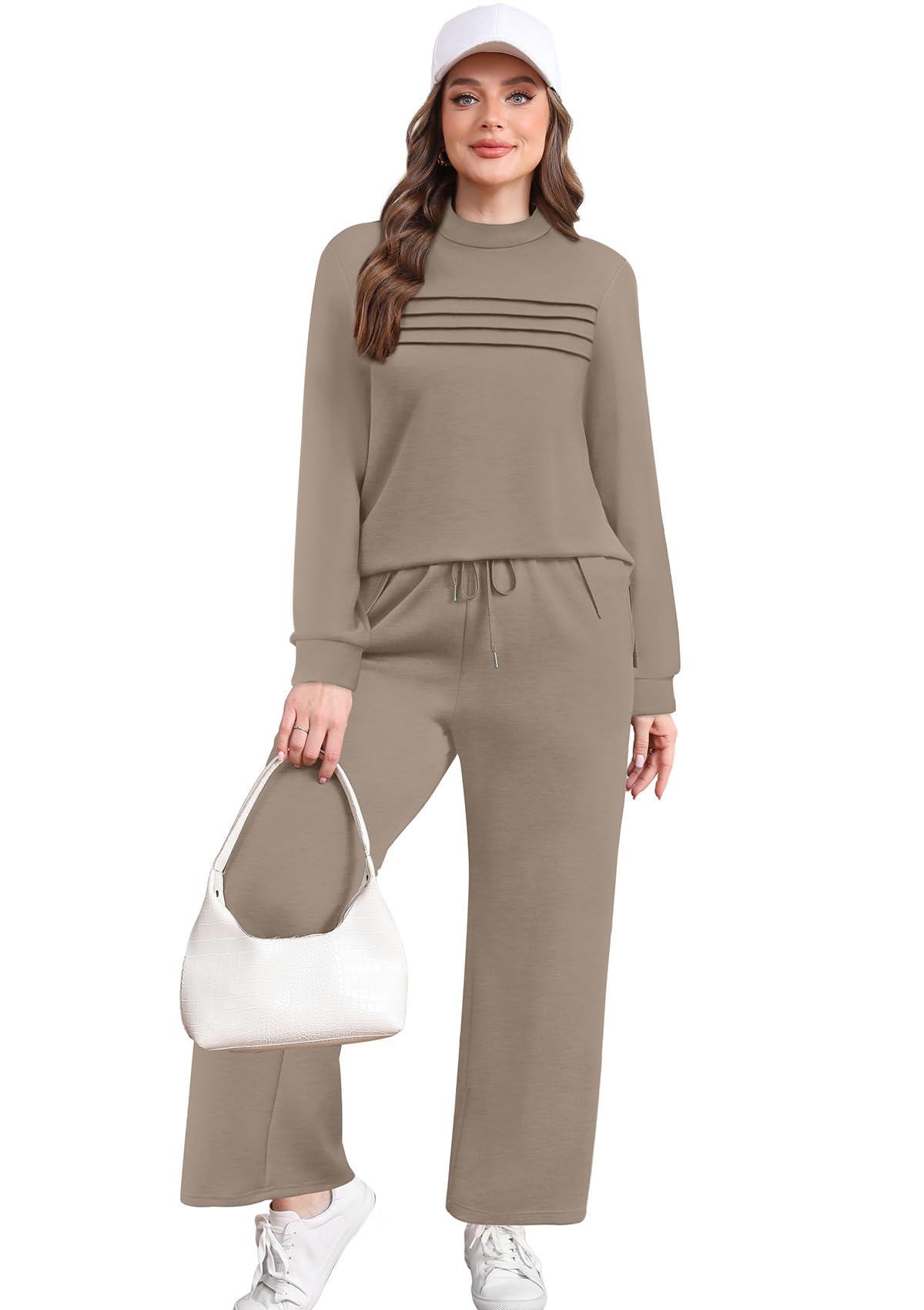 Two Piece Sets for Women Cruise Essentials 2026 Spring Summer Fall Fashion 2025 Travel Outfits Winter Clothes Trendy Lounge Sets Matching Sets Wide Leg Pants Set Mock Neck Airport Sweat Set Brown L
