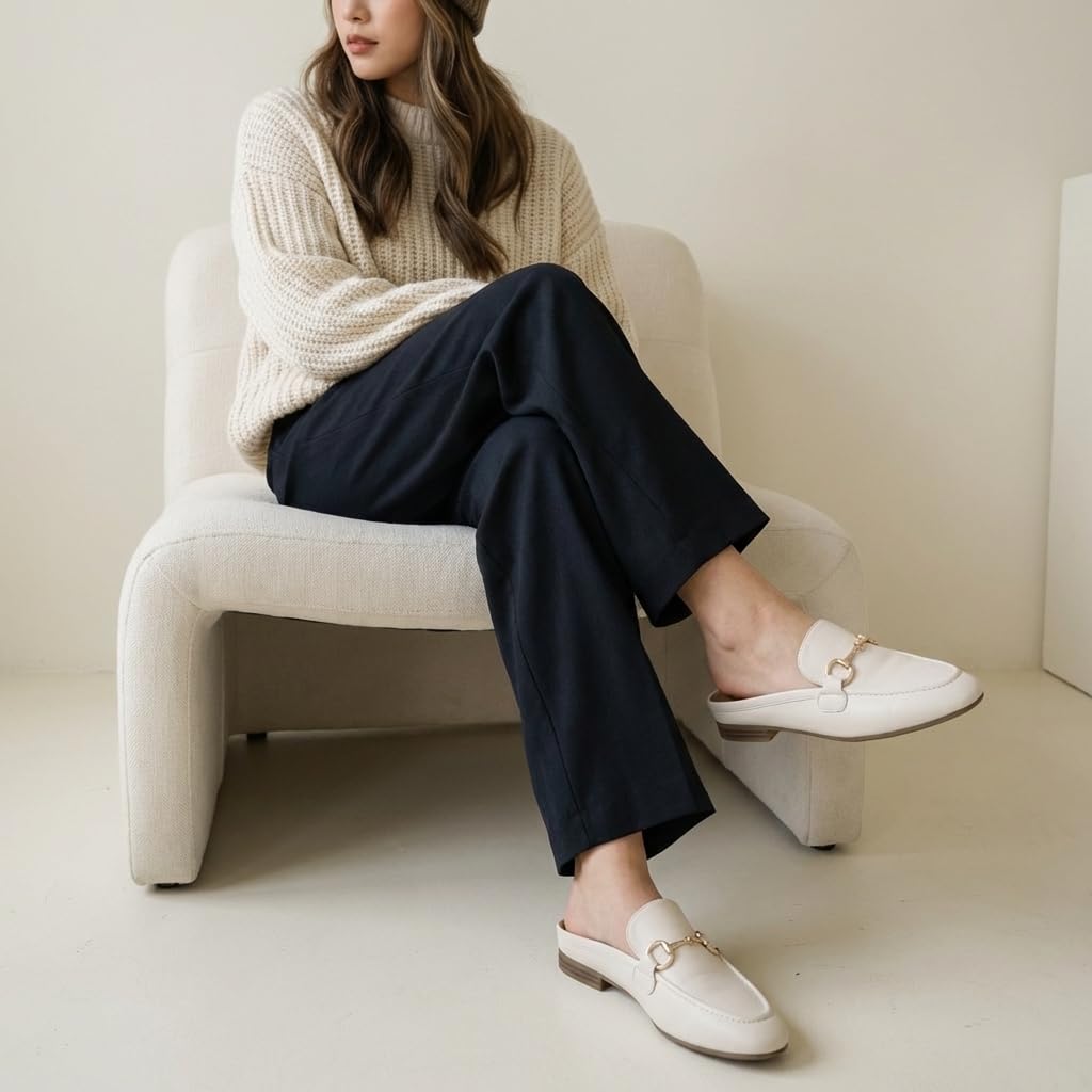 CUSHIONAIRE Yummy Slip On Womens Mules, Business Casual Loafers for Women with Low Heel and Metal Chain Detail, Bone 10W
