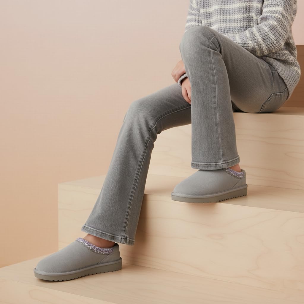 CUSHIONAIRE Keto Genuine Suede Leather Kids Slippers for Boys and Girls – Cozy Slip-On Mule House Shoes with Faux Fur Lining, Cushioned Memory Foam Comfort, GRAY/LAVENDER 3