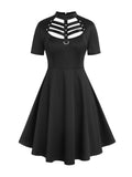 ROSE GAL Gothic D-Ring PU Leather Panel Ladder Cutout Dress（Black-214/2X）