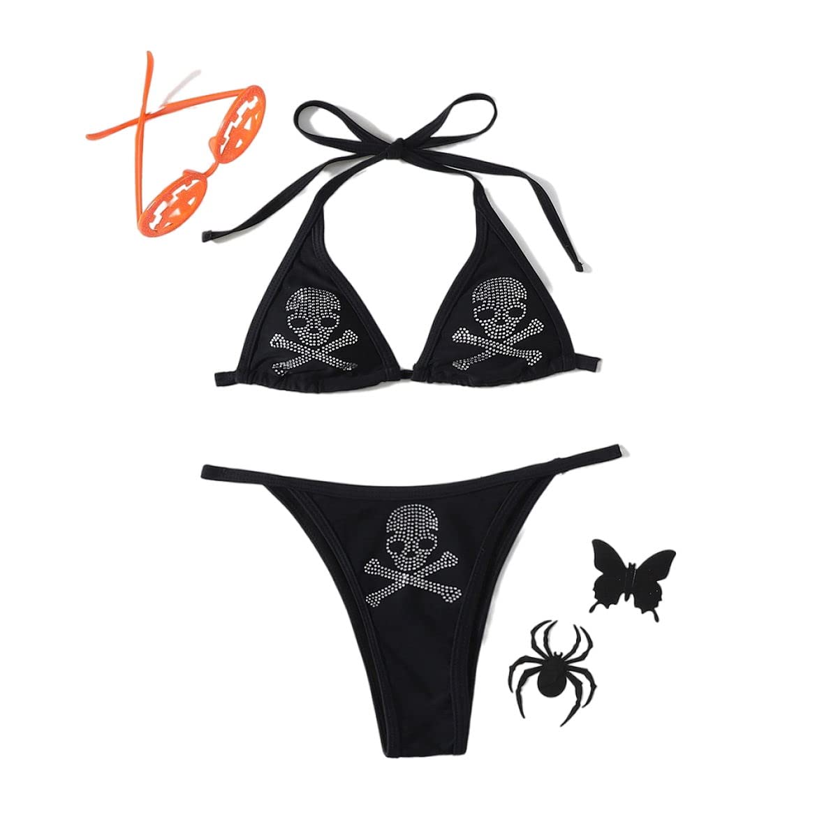 WDIRARA Women's Skull Pattern Halter Triangle Thong Sexy 2 Piece Bikini Swimsuit Black XL