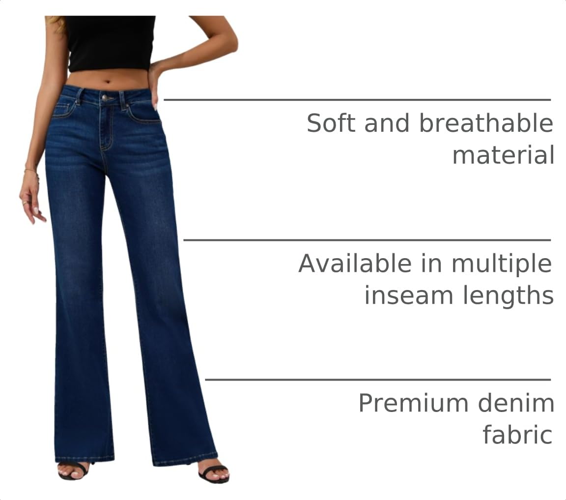 FLYING BANANA Women's High Rise Wide Leg Baggy Stretchy Loose Flare Bell Bottom Denim Jeans (Dark Blue, 8 Long)