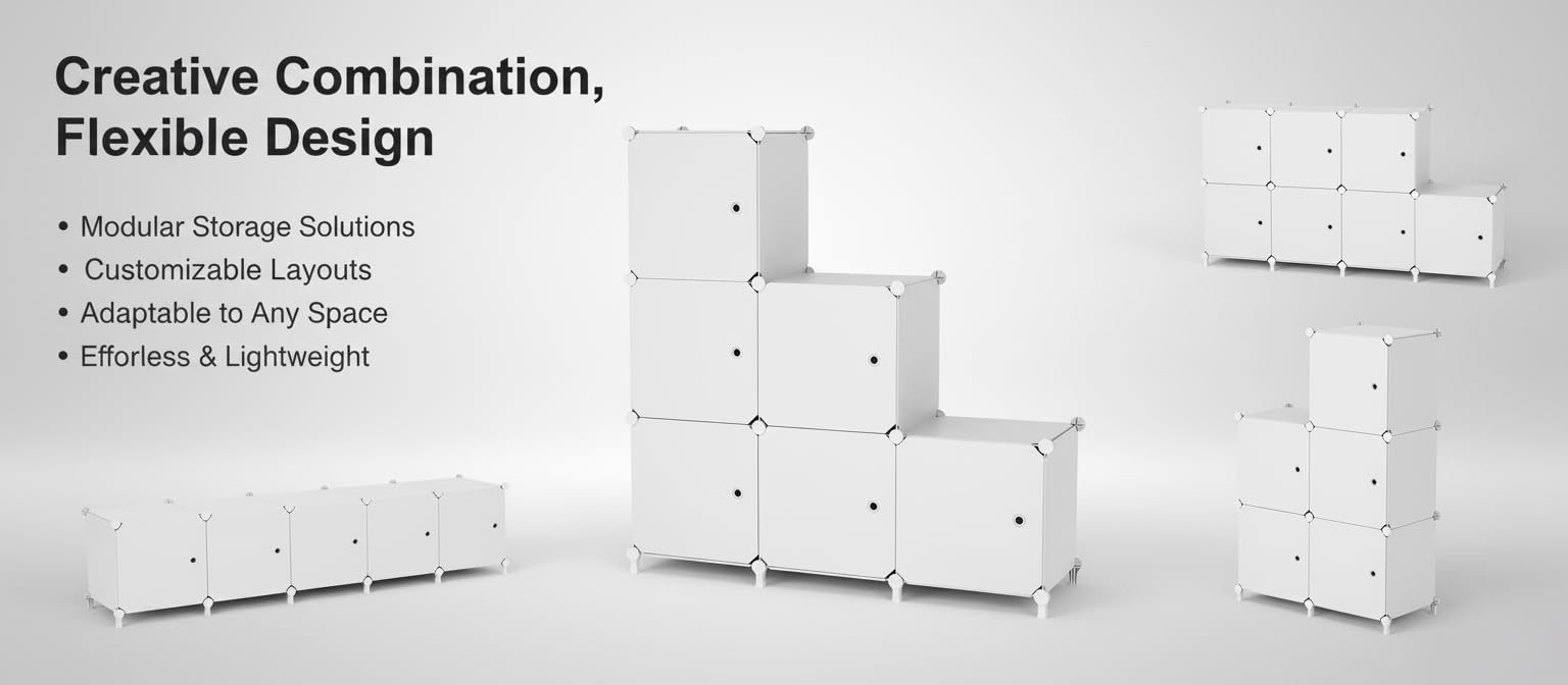 ATTDETJL Cube Storage Organizer, 6-Cube Shelves Unit with Doors, DIY Stackable Plastic Clothes Organizer for Bedroom and Under Stairs Storage Unit, Each Compartment 30 x 30 x 30 cm White ATTSL6002